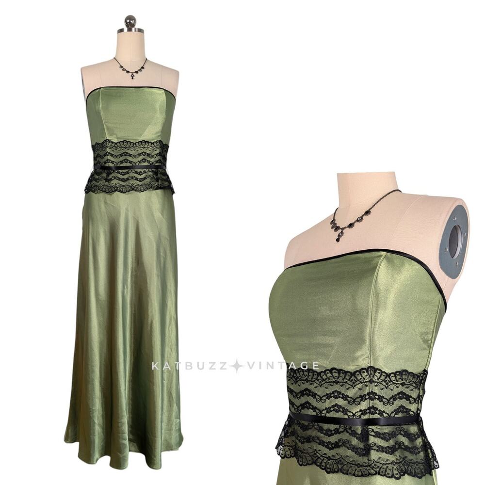 Vintage Mcclintock Prom Dress Maxi Gown 10 Green Black Goth 90S Strapless Glam